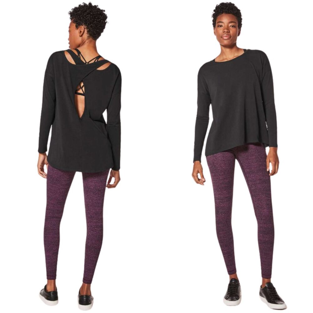 Intimately by Free People Long Sleeve Cross Cut Back into It Black TOP SZ LARGE